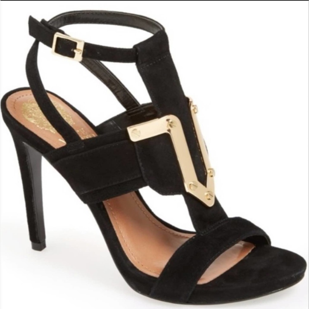 Vince Camuto High Heels Suede Florin Black Strappy Gold Hardware Gladiator 5 35